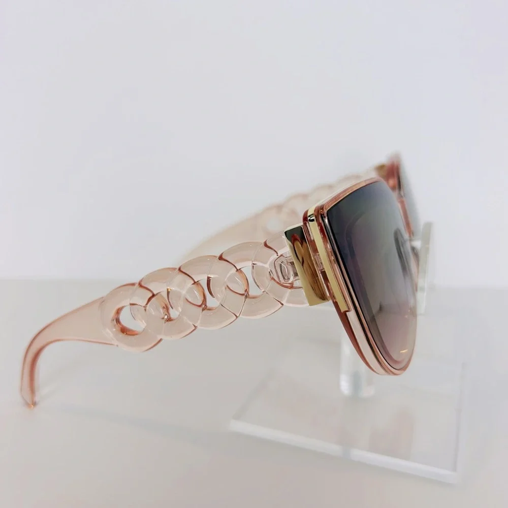 Sunglasses Pink Clear Frame Brown Lens W/Round Link Design Gold Trim Cat Eye NEW